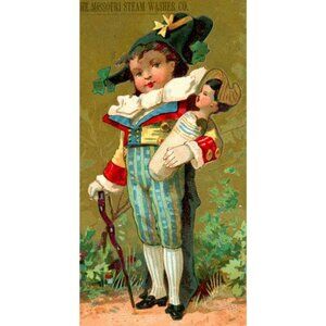 Missouri Steam Washer Co British Girl Doll Hat Cane Victorian Trade Card-T1